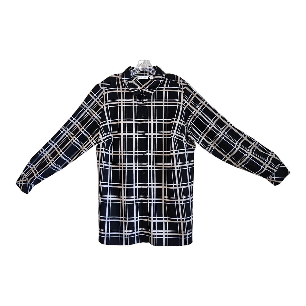 SUSAN GRAVER Women's Plus 1X Tunic Blouse Plaid Black Beige Button Up Career 48"